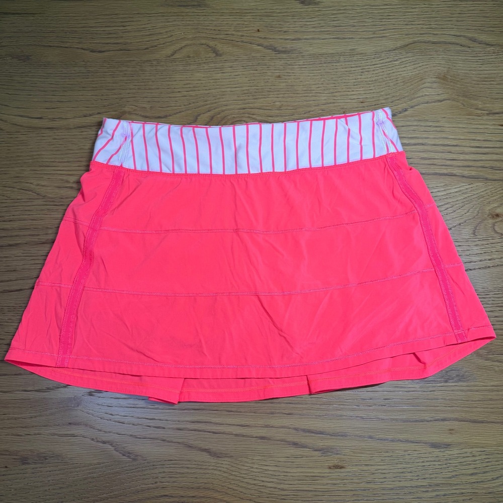 Lululemon Pace Rival Skirt 10 Electric Coral Striped Waistband Ruffle Back Skort